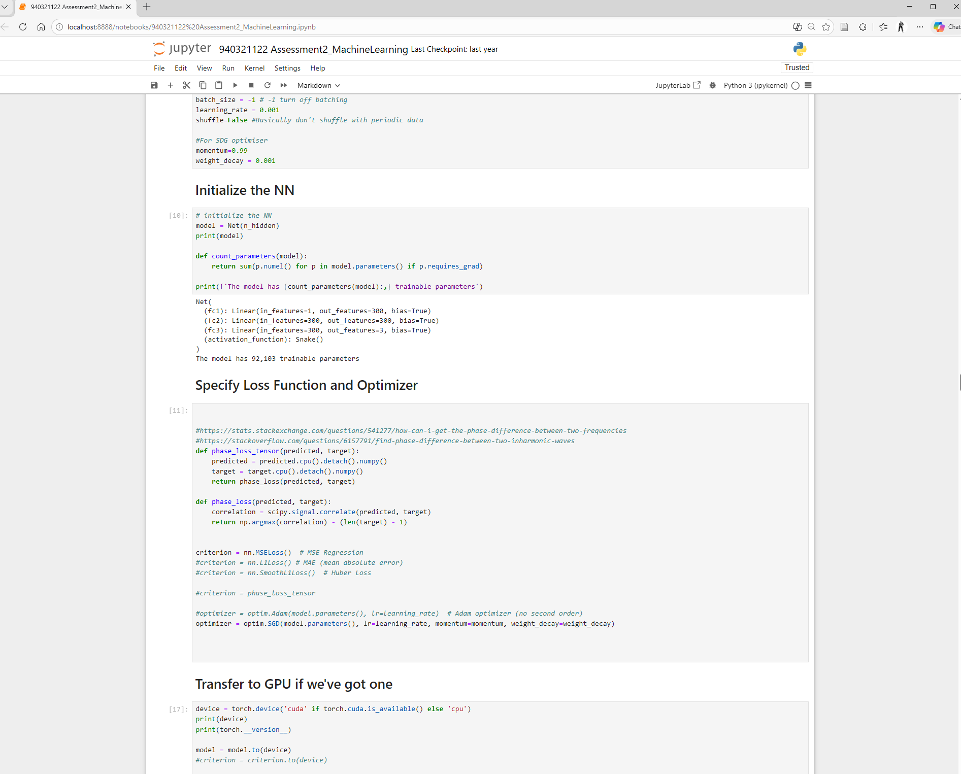 Jupyter notebook — neural network setup